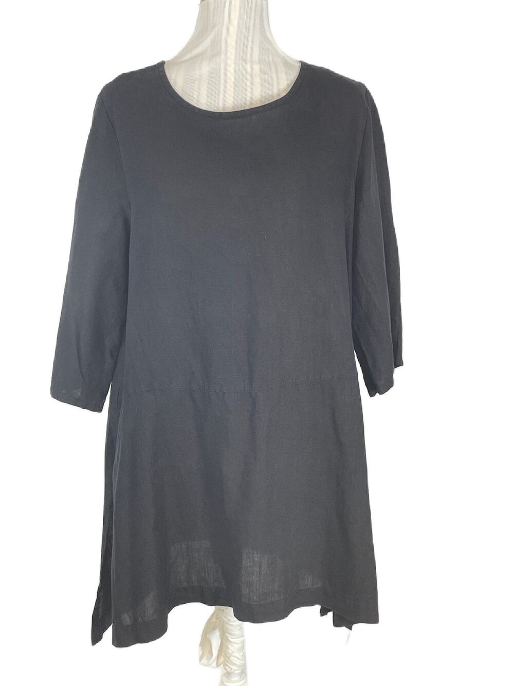 Bryn Walker Linen Black Lagenlook Tunic Top Half Sleeve Side Slit Size Medium